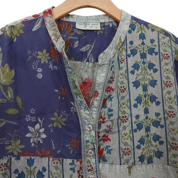 Vintage Goa Top Womens Large Gray Floral Roll Tan Sleeve Bohemian Lagenlook - Picture 3 of 12